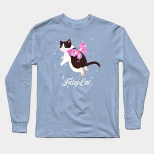 Sparkly Pink Fairy Cat (tuxedo cat with white text) Long Sleeve T-Shirt